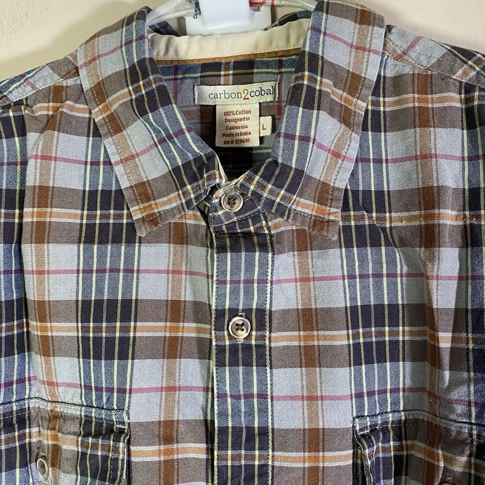Carbon 2 Cobalt Men Large Cotton Gray Rust Navy Plaid Long Sleeve Button Shirt